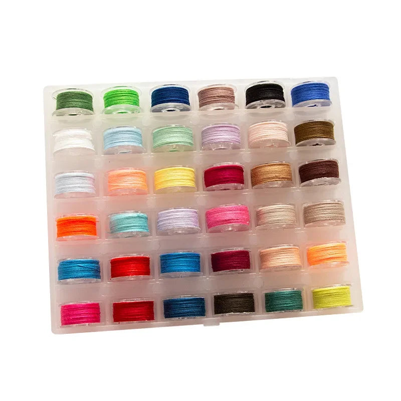 A plastic tray holding assorted embroidery sewing threads in various colors and thicknesses.