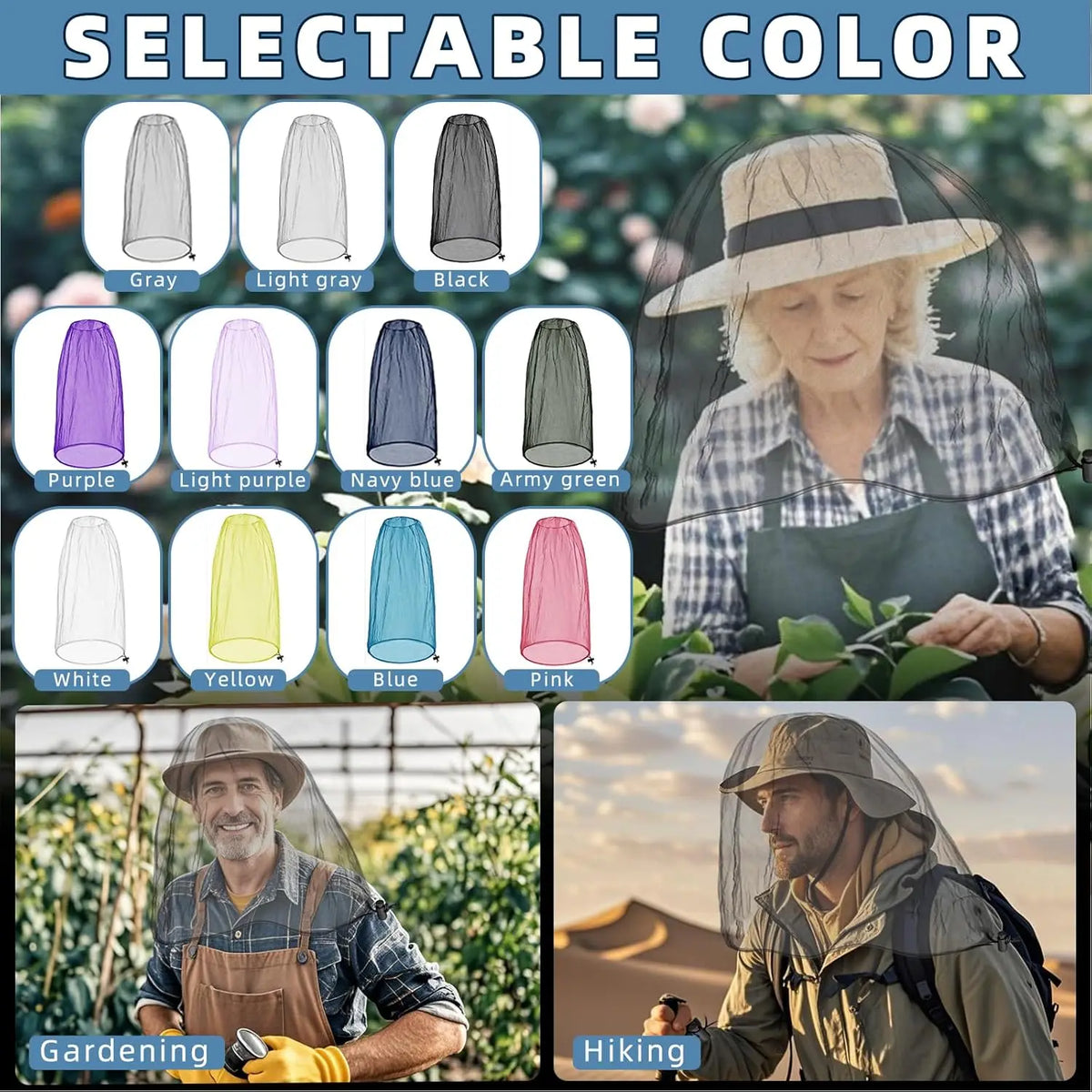 A selection of colorful mosquito protection fishing hats displayed against a green background.