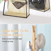 A black and beige dustproof storage bag is shown hanging on a wooden rod, with a light-colored handbag inside.