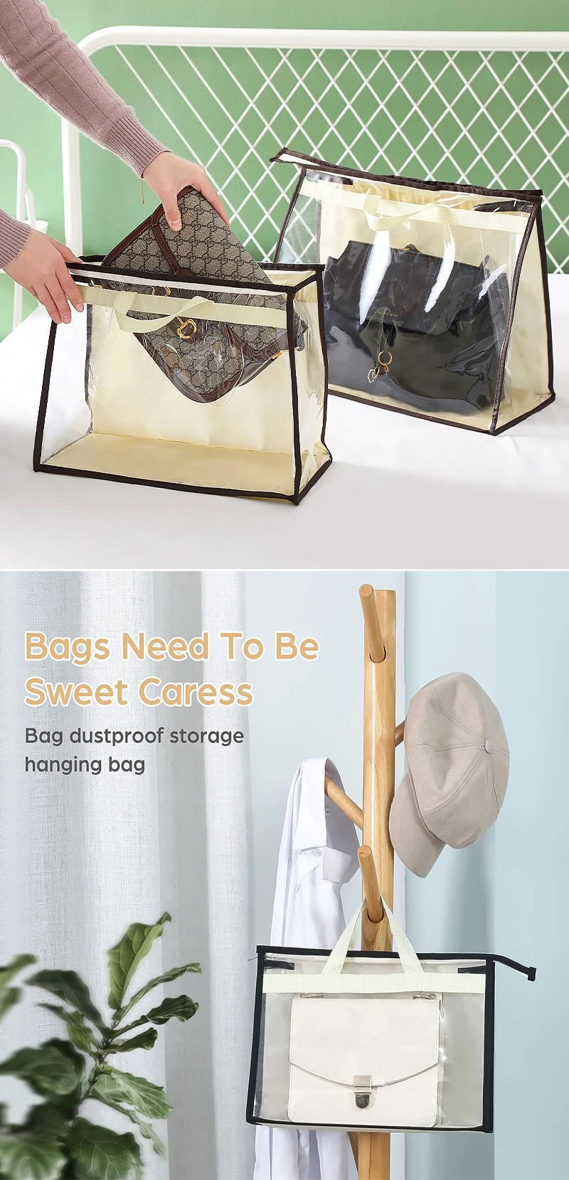 A black and beige dustproof storage bag is shown hanging on a wooden rod, with a light-colored handbag inside.