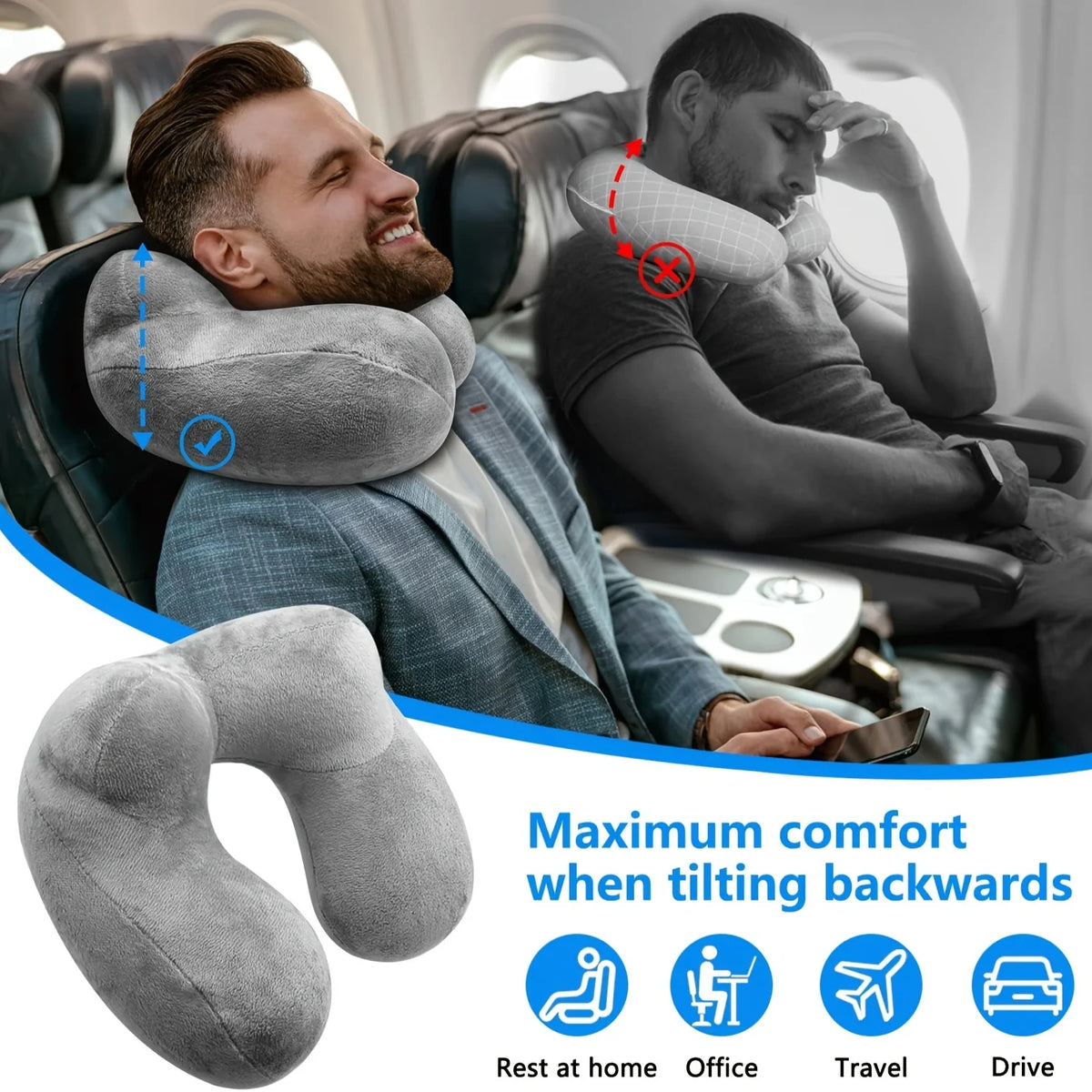 A person rests their head on an inflatable travel pillow while seated in a car or airplane seat.