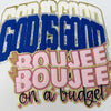 Iron-on embroidery patches featuring the text GOD IS GOOD and BOUJEE on a budget