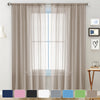 A set of modern sheer curtains in a taupe color hanging on a window, with various fabric swatches displayed below.