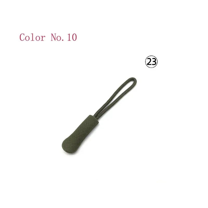 A close-up view of a dark olive green replacement zipper pull for bags and apparel, labeled Color No. 10.