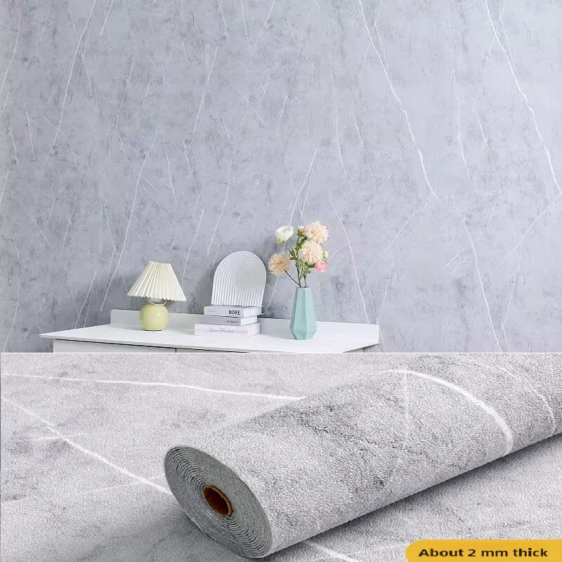 Roll of self-adhesive 3D thermal insulation wallpaper with linen texture against a gray wall.