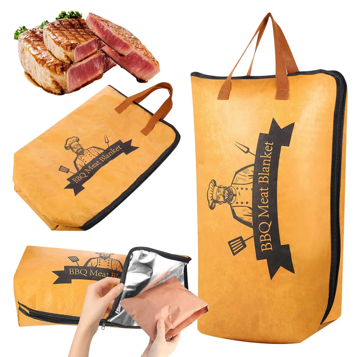 A set of insulated bags for BBQ meat, including a flat bag and a larger vertical bag, in tan color.