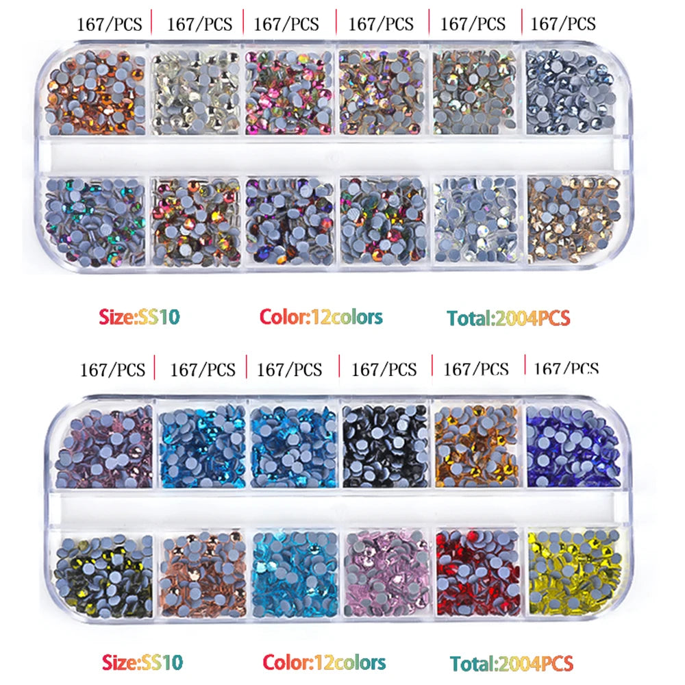 A set of 12 colors of crystal rhinestones with applicators, totaling 2004 pieces.