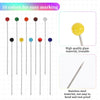 Ten colored glass head straight pins for sewing and crafting with a description of the material quality