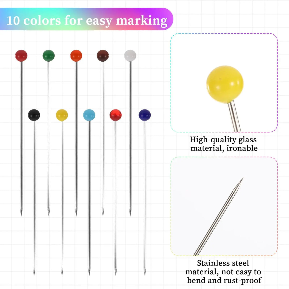 Ten colored glass head straight pins for sewing and crafting with a description of the material quality