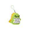 Handmade plush dinosaur toy with yellow skin and green spikes, attached to a keyring.