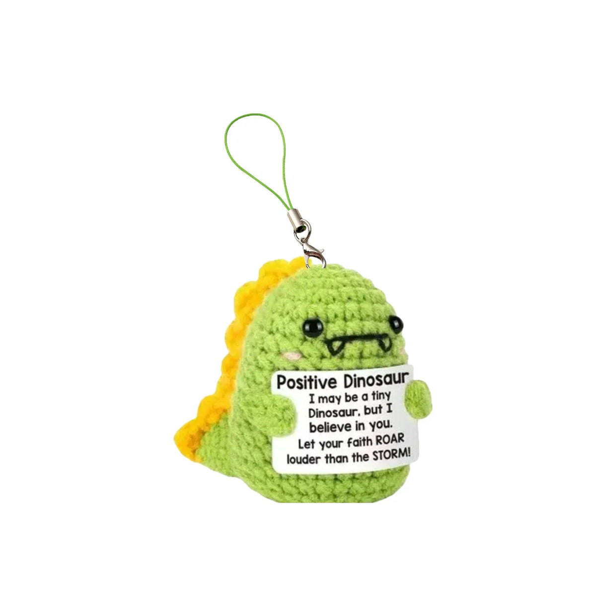 Handmade plush dinosaur toy with yellow skin and green spikes, attached to a keyring.