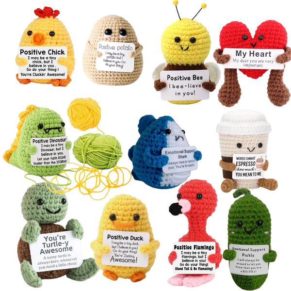 A collection of nine handmade plush pocket dolls featuring various animals like a chick, potato, bee, heart, dinosaur, shark,