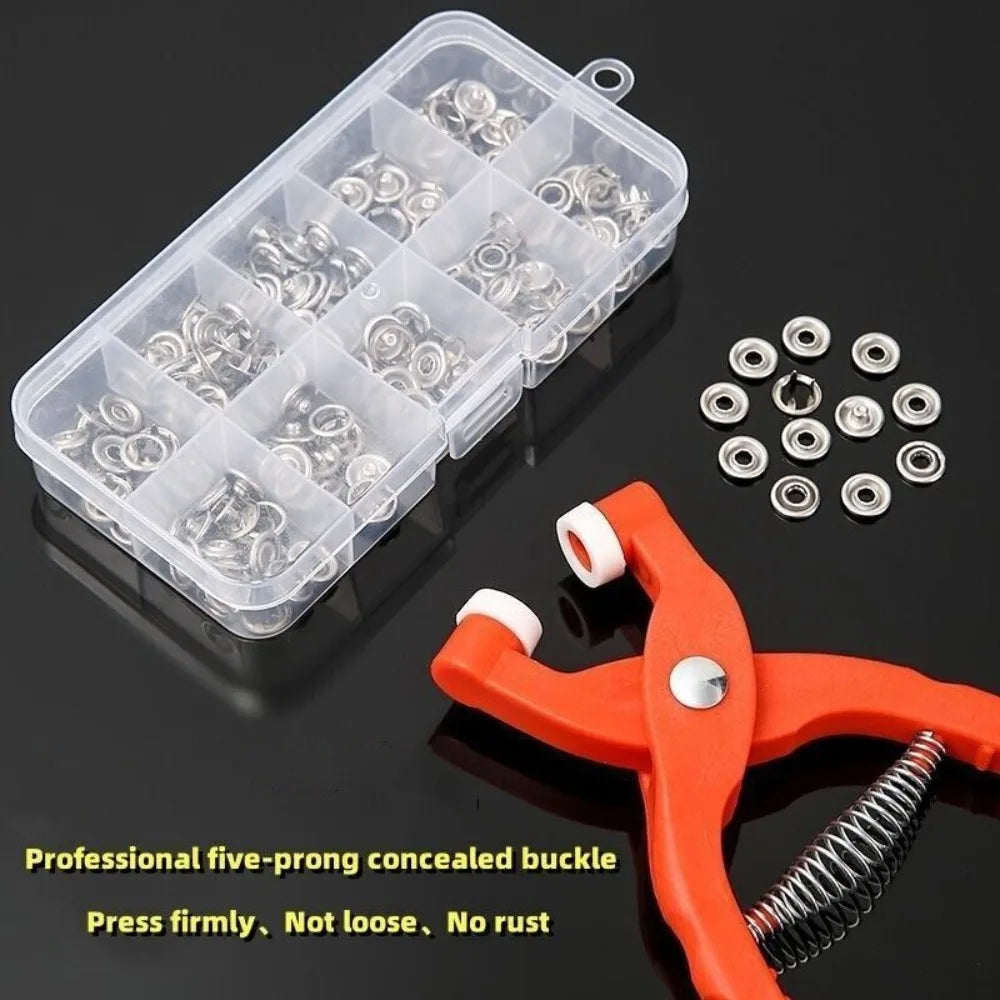 Orange five-prong concealed buckle crimping pliers with a crochet hook shown on a black background
