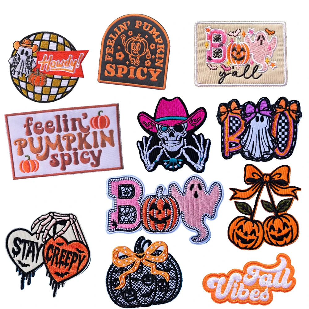 A collection of embroidered patches featuring Halloween themes like spooky pumpkins skulls and fall vibes