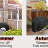 A black waterproof BBQ grill cover shown in various outdoor settings for spring, summer, autumn, and winter use.