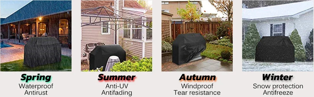 A black waterproof BBQ grill cover shown in various outdoor settings for spring, summer, autumn, and winter use.