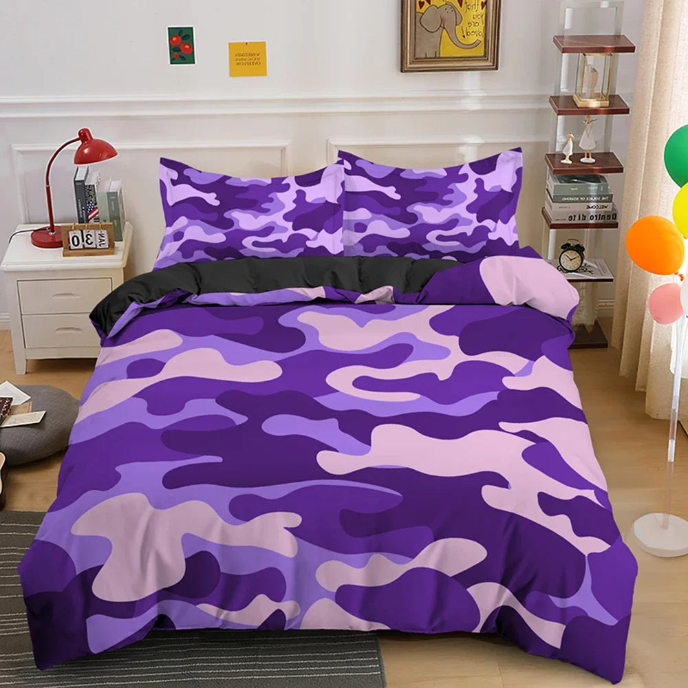 Purple and pink camouflage duvet cover set displayed on a bed with white nightstands.