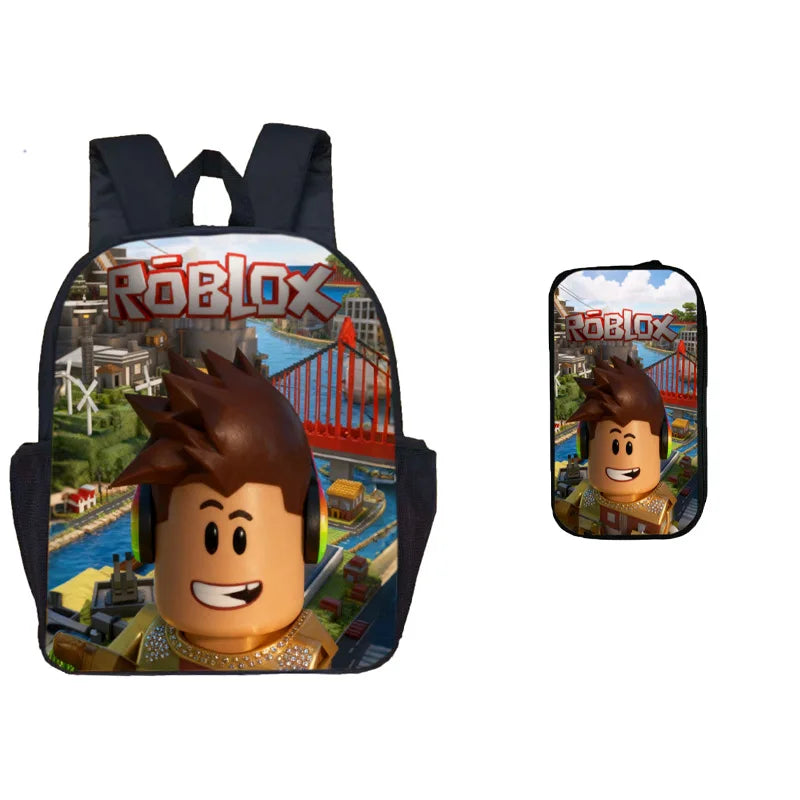 A black backpack with a Roblox graphic and an attached pen case featuring a Roblox character design.