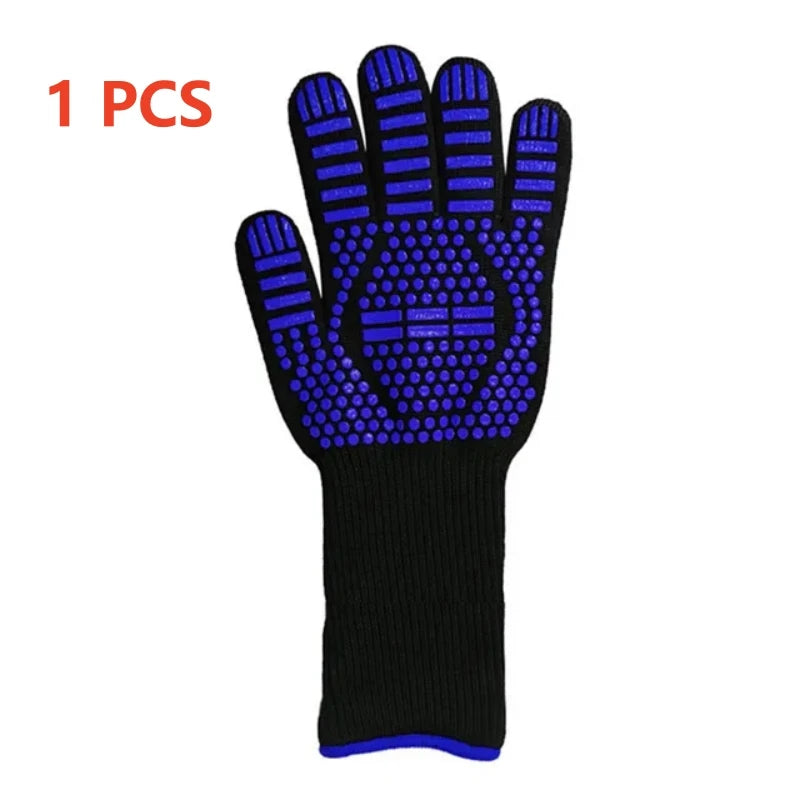 One pair of black and blue heat resistant BBQ gloves with silicone grip