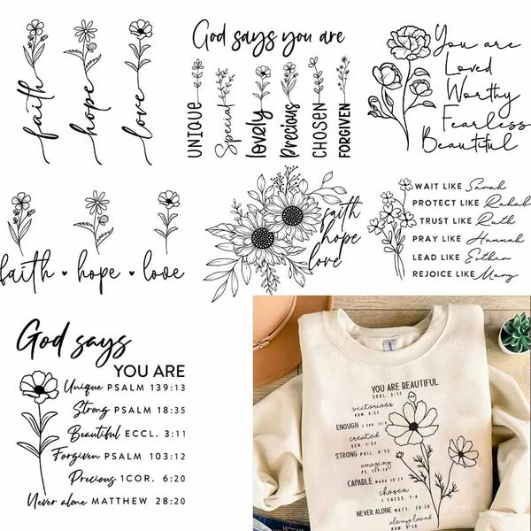 A collection of floral designs featuring inspirational scripture verses like God says you are loved worthy fearless beautiful