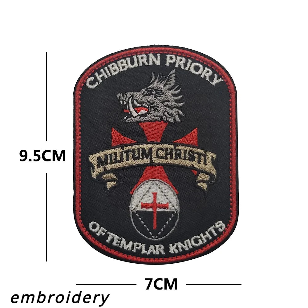 Black embroidered patch featuring a crowned lion and cross design with text for the Chibburn Priory Templar Knights