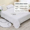 White pure cotton gauze throw blanket displayed on a bed with available size options listed.