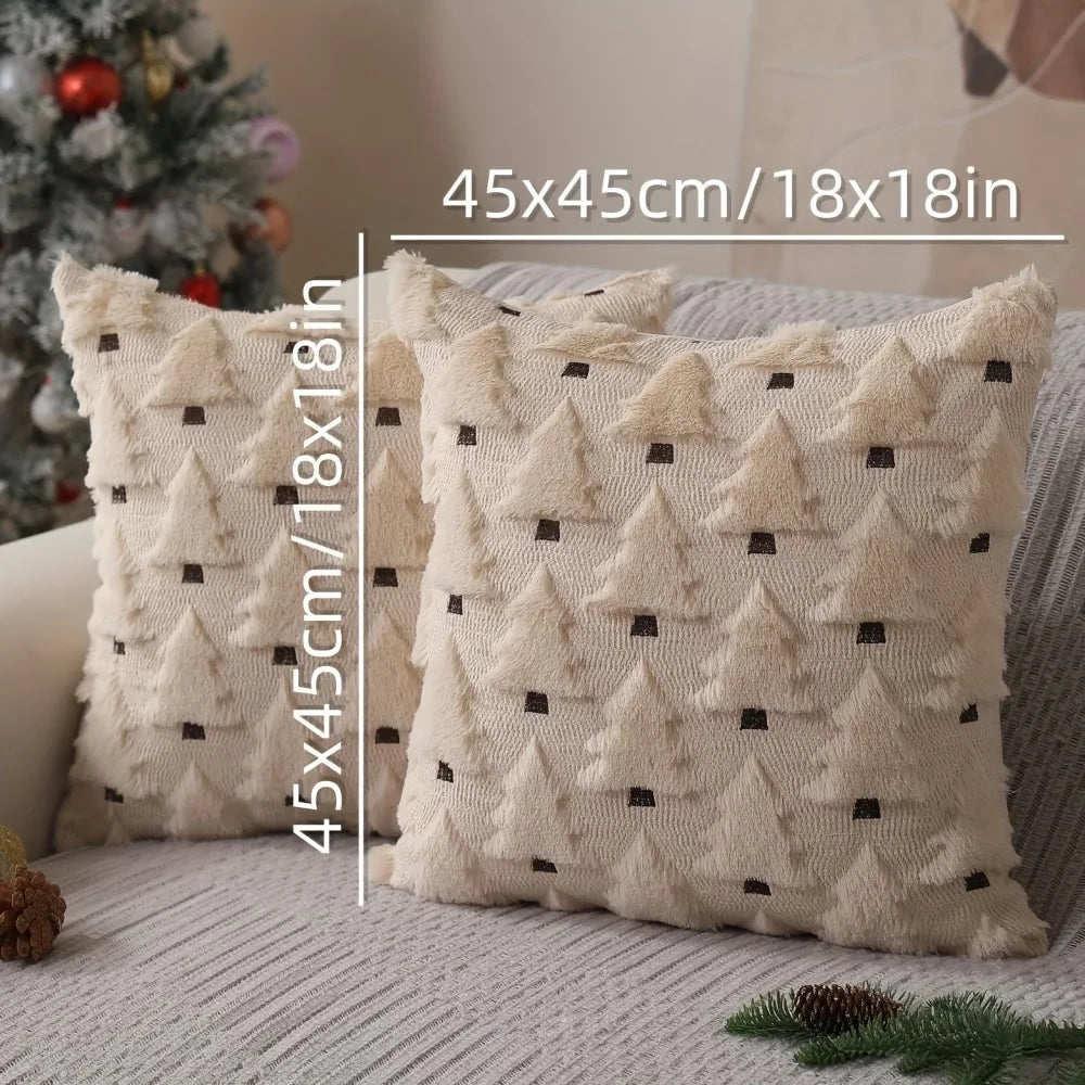 Cream textured Christmas tree plush throw pillow covers displayed on a gray fabric.