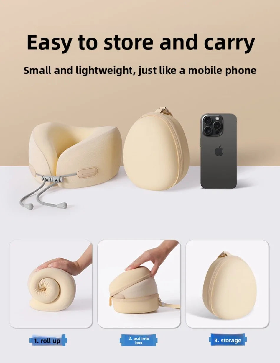 A beige U-shaped memory foam travel neck pillow shown in various stages of storage and carrying.