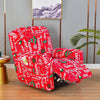 A red floral print recliner and sofa slipcover set displayed on a wooden floor.