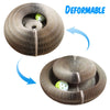 A deformable, spiral-shaped cat scratching board set with a small green ball inside.