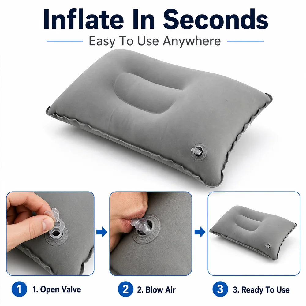 Step-by-step instructions showing how to open, inflate, and use a gray inflatable travel neck pillow.