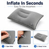 Step-by-step instructions showing how to open, inflate, and use a gray inflatable travel neck pillow.