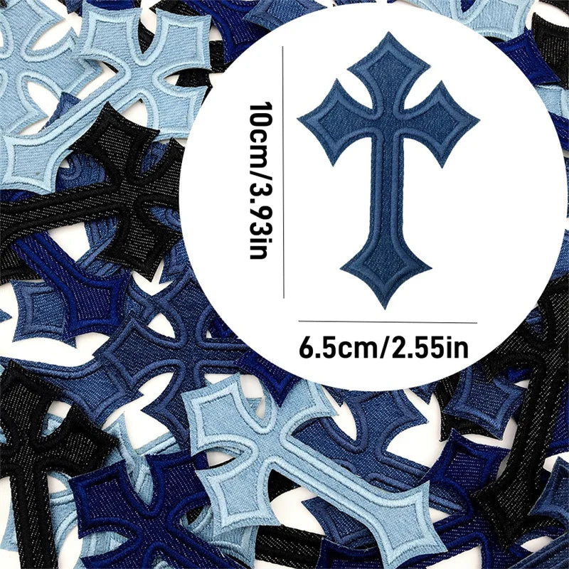 Blue and black embroidered cross applique patches for clothing