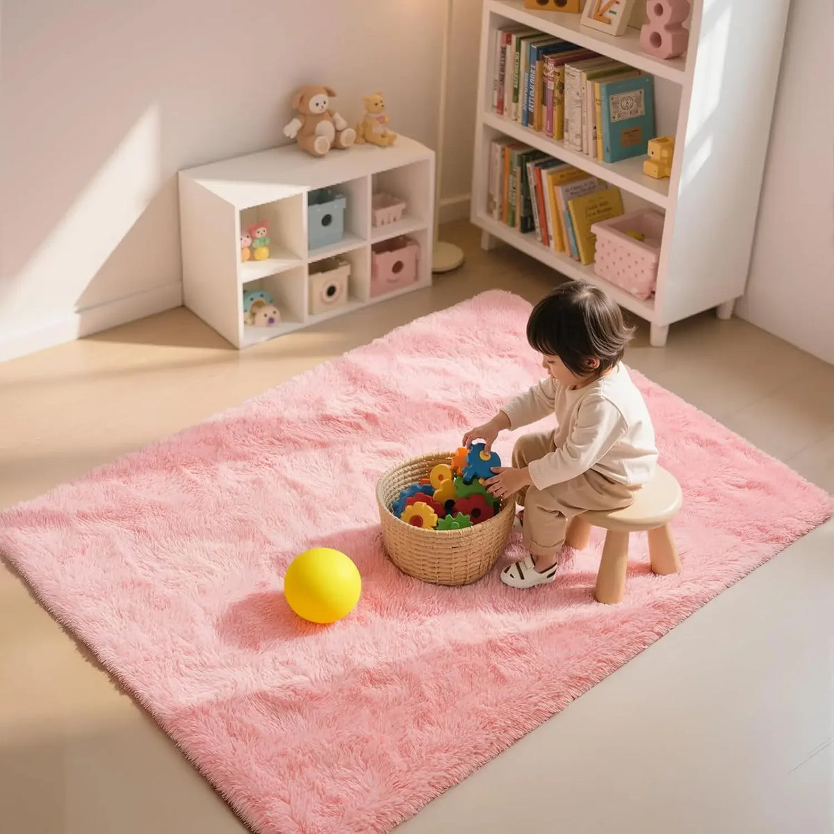 A young child plays with colorful toys on a pink plush carpet in a bright room.