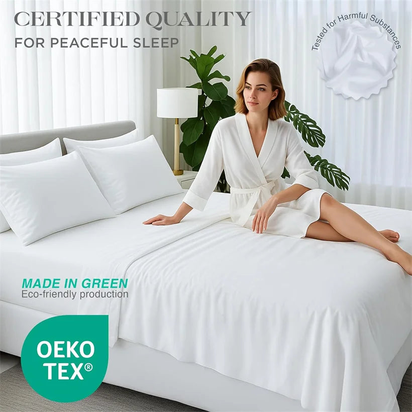 White luxury Egyptian cotton fitted sheet and pillow set displayed on a bed with green foliage in the background.