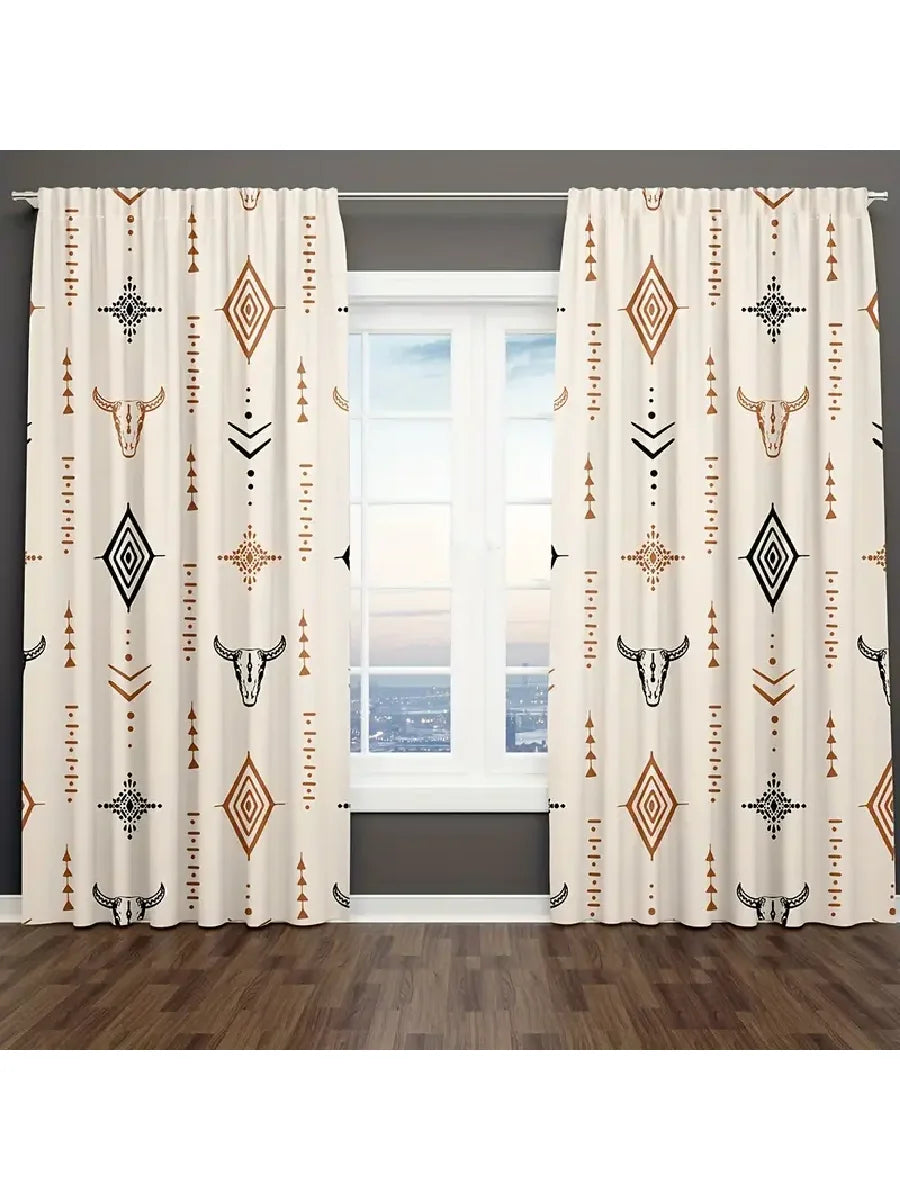 Light beige curtains featuring a repeating pattern of stylized bull skulls and geometric tribal designs.