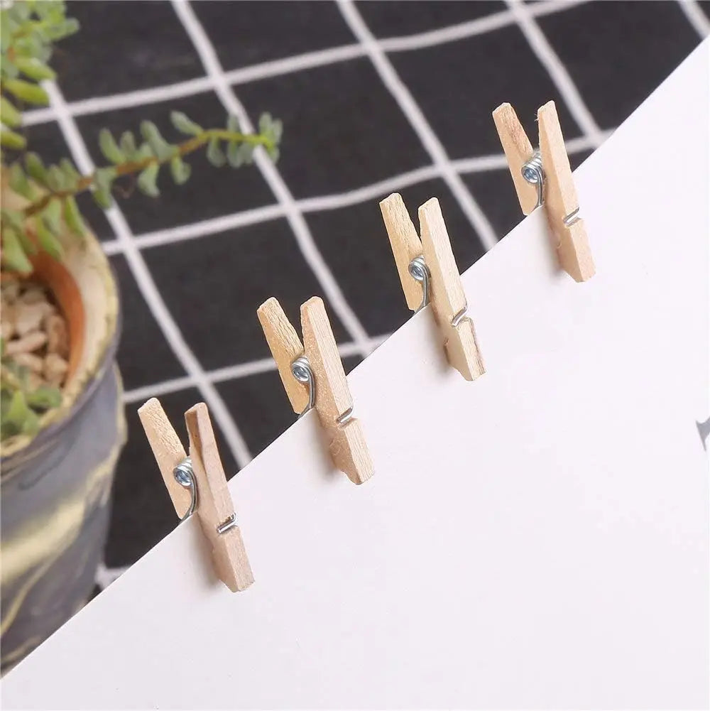 A collection of mini wooden clothespins with jute twine arranged on a white surface next to a potted plant.