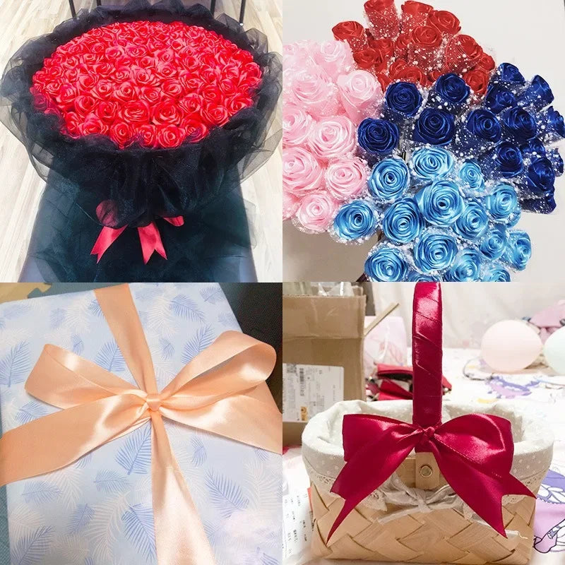 A bouquet of red roses in a black wrapping is shown next to a gift box tied with a peach satin ribbon.