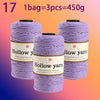 Three spools of Hollow yarn in purple color, with a quantity note showing 1 bag equals 3 pieces and 450g total.