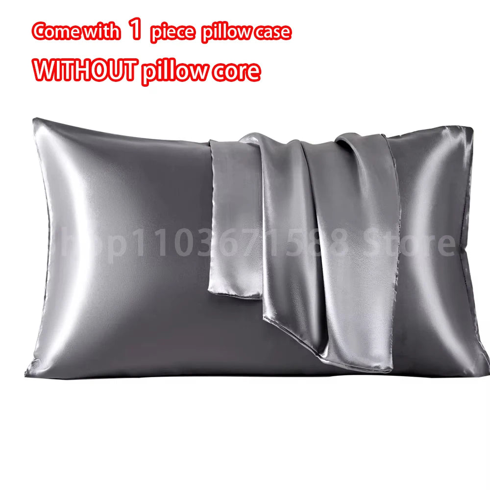 A silver satin pillowcase with an envelope closure, shown flat.
