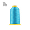 A spool of bright blue high tenacity polyester embroidery thread with a yellow cap.