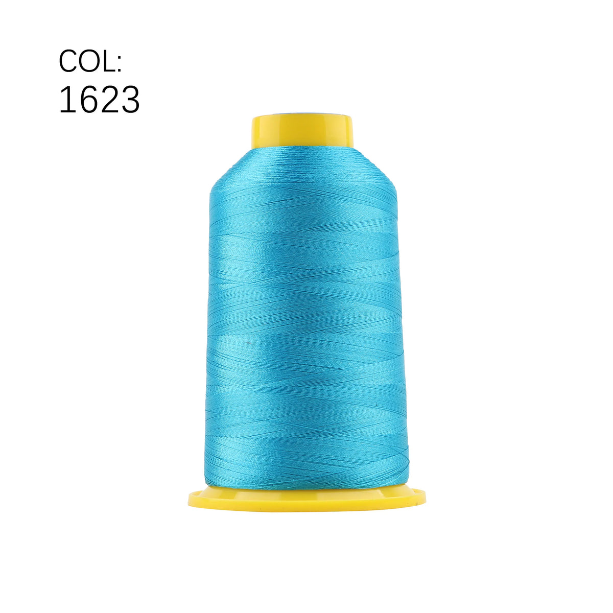 A spool of bright blue high tenacity polyester embroidery thread with a yellow cap.