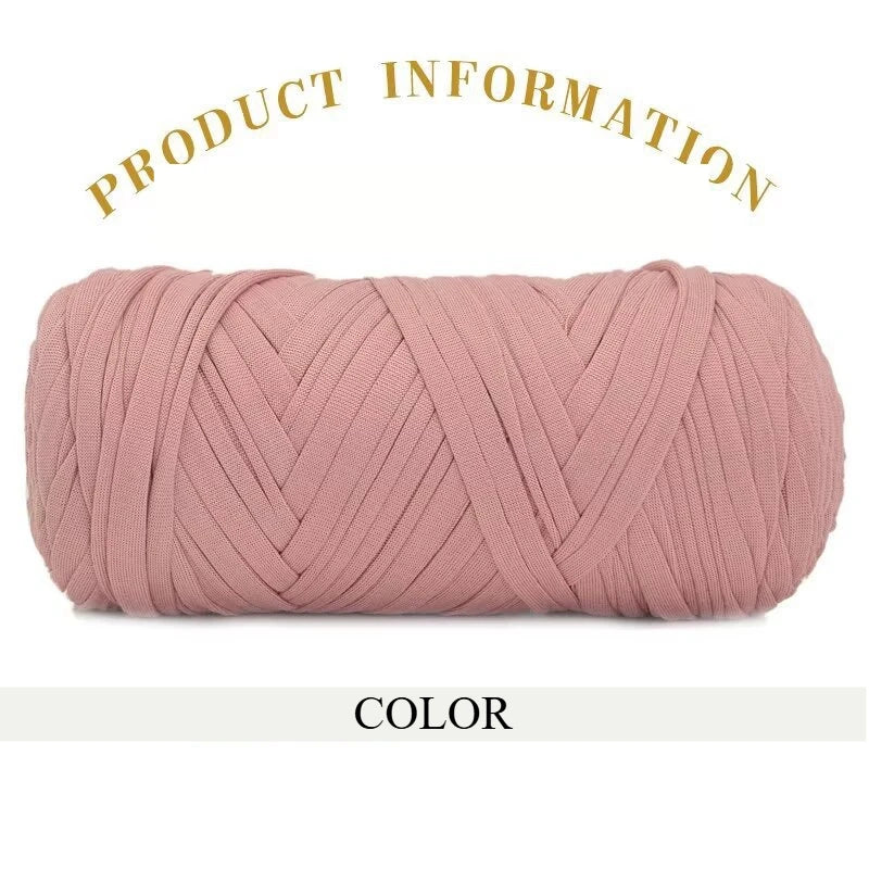 A skein of thick, pink polyester blended yarn is shown rolled up against a white background.