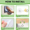 Instructions for installing heavy duty self-adhesive ceiling hooks, showing steps to clean the wall, screw the hook into the 