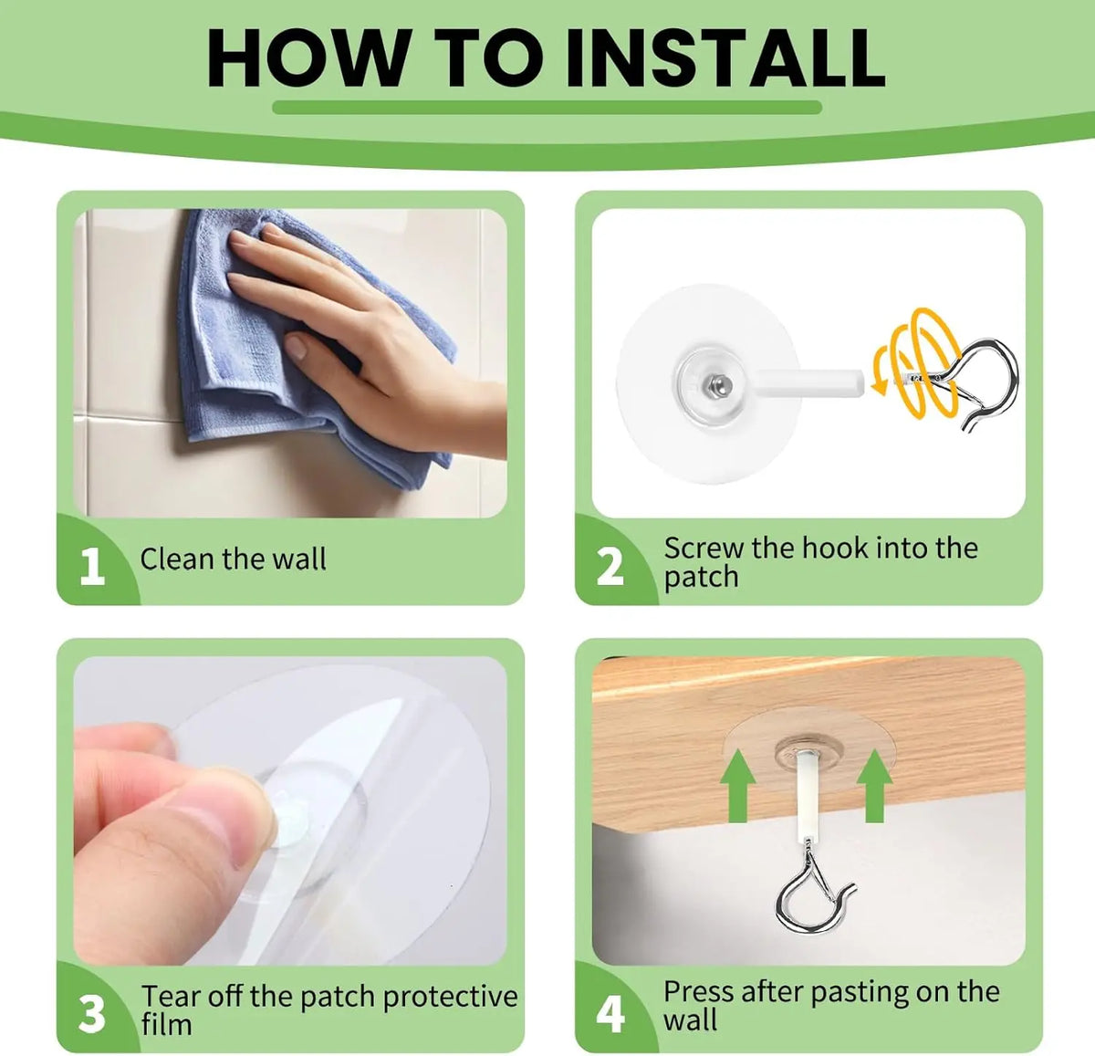 Instructions for installing heavy duty self-adhesive ceiling hooks, showing steps to clean the wall, screw the hook into the 