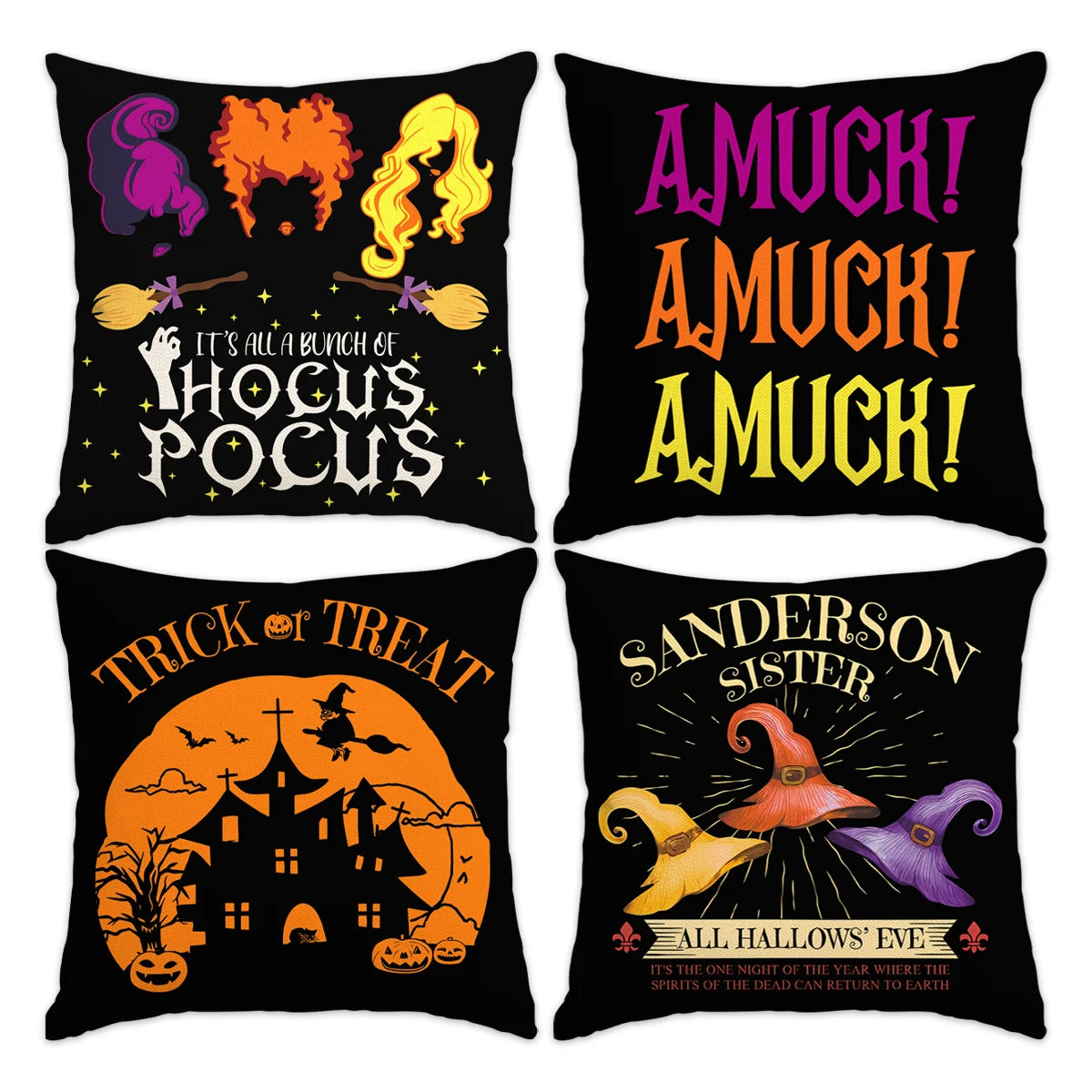 A set of four Halloween decoration pillow covers featuring spooky and festive designs.