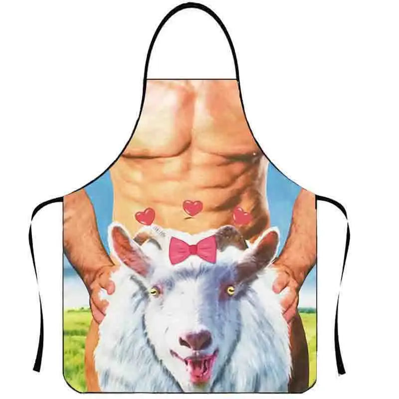 A person's bare torso is visible under a versatile muscle and creativity apron, with a white goat head resting on the chest.