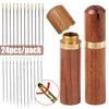 A set of 24 stainless steel blind sewing needles packaged in a wooden container.
