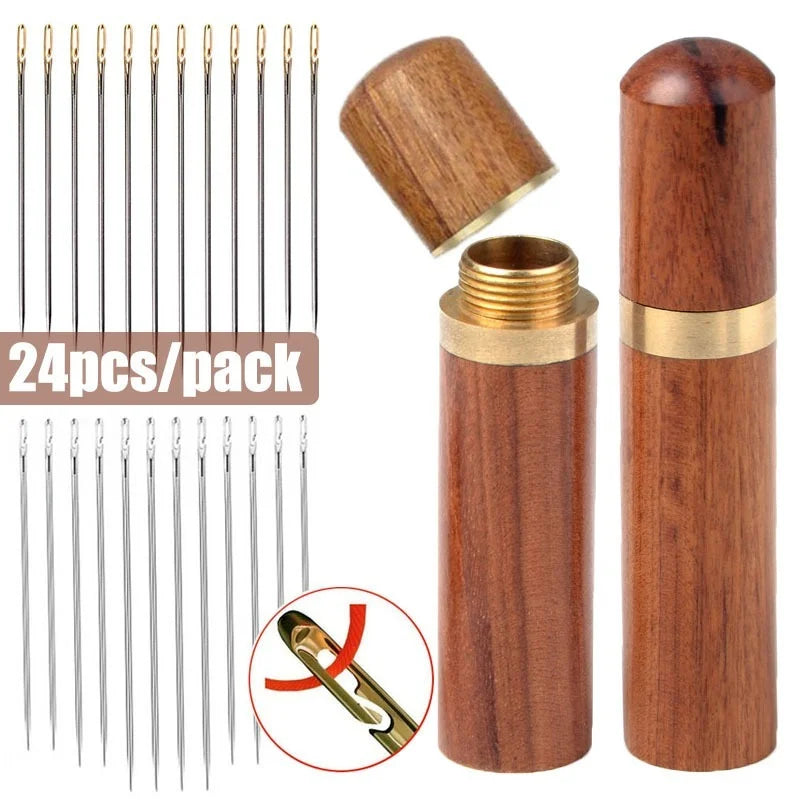 A set of 24 stainless steel blind sewing needles packaged in a wooden container.