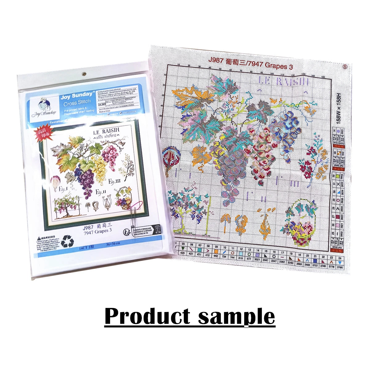 A product sample showing a cross stitch pattern sheet for J987 Grapes 3 with illustrations of fruit trees.